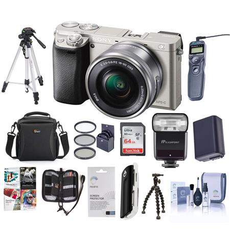 Sony Sony Alpha A-6000 Digital Camera with 16-50mm E-Mount Lens, Silver - BUNDLE - With Camera Bag, 64GB CL 10 SDHC Card, New Leaf 3 Year (Drops & Spills) Warranty, Spare Battery, Sunpack Tripod, Pro-Optic 40.5 MC UV Filter, Tiffen 40.5 CPL Filter, Cleani