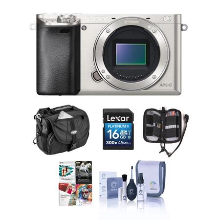 Sony Sony Alpha A6000 Mirrorless Digital Camera Body, Silver - BUNDLE - With Camera Bag, 16GB Class 10 HS SDHC Memory Card, Cleaning Kit, and Memory Card Case