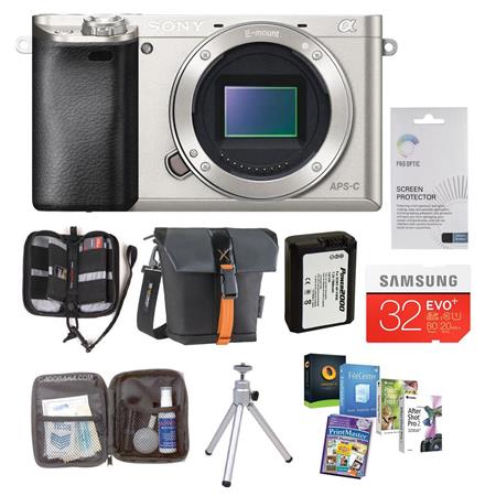 Sony Sony Alpha A6000 Mirrorless Digital Camera Body, Silver - BUNDLE - With Camera Bag, 32GB Class 10 HS SDHC Memory Card, Spare Battery, Cleaning Kit, Table Top Tripod, Memory Card Case, and Glass Screen Protector