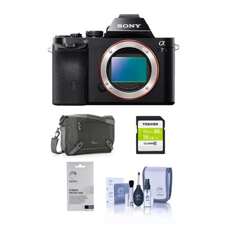 Sony Alpha a7 Mirrorless Digital Camera, Full Frame 24MP, Bundle With Lowepro TLZ-20 Holster Case 16GB UHS-1 Class 10 HS Card, Cleaning Kit, LCD Screen Protector 3