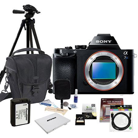 Sony Alpha a7 Mirrorless Digital Camera, Full Frame 24MP, Bundle With Lowepro TLZ-20 Holster Case 64GB UHS-1 Class 10 HS Card, Spare battery, New leaf 3 Year (Drops & Spills) Warranty, Sunpack Tripod, Cleaning Kit, LCD Screen Protector 3