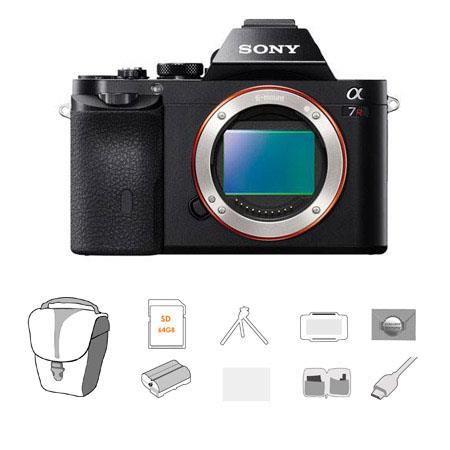 Sony Alpha a7R Mirrorless Digital Camera, Full Frame 36MP, Bundle With Lowepro TLZ-20 Holster Case, 64GB UHS-1 Class 10 HS Card, Spare battery, New Leaf 3 Year (Drops & Spills) Warranty, Sunpack Tripod, Cleaning Kit, LCD Screen Protector 3