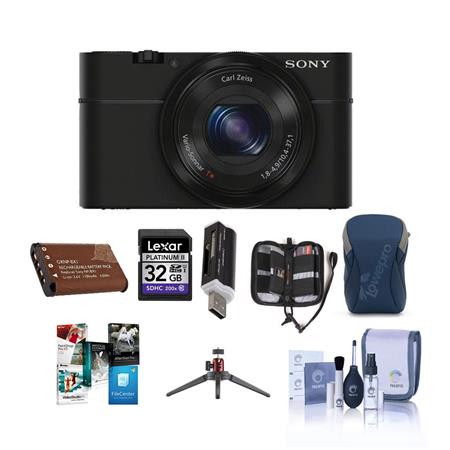 Sony Cyber-Shot DSC-RX100 Digital Camera, Black - with 16GB SDHC Memory Card, Camera Case, Spare NP-BX1 Battery, Mini Tripod, New Leaf 3 Year Warranty, Professional Lens Cleaning Kit - Includes 7 Items