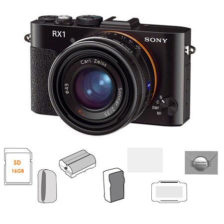 Sony Cyber-shot DSC-RX1 Full Frame Digital Camera, Black - Bundle - with Transcend 16GB SDHC Card, Lowepro Camera Pouch, Power2000 Spare Battery, Adorama Rapid Charger, LCD Screen Protector Kit, 12 Card Memory Wallet, New Leaf 3 Year Extended Warranty,