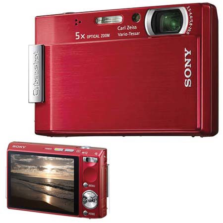 Sony Cybershot DSC-T100, Digital Point &amp; Shoot Camera, 8.1 Megapixel, Carl Zeiss 5x Optical Zoom Lens, 2x Digital Zoom, 3" LCD Screen, Red image