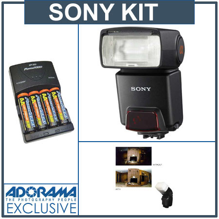 Sony HVL-F42AM Shoe Mount Flash - Basic Outfit - with 4 NiMH Batteries, Charger, Sto-Fen Omni-Bounce image