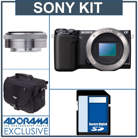 Sony Alpha NEX-5R Camera Body, Bundle - with Sony 16mm F/2.8 NEX Camera Lens, Transcend 32GB SDHC Class 10 Memory Card & Adorama Slinger Photo Video Bag, Bl