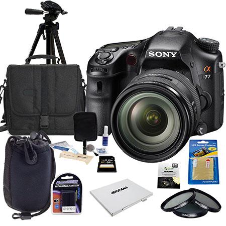 Sony Alpha DSLR SLT A77 Digital Camera with 16-50mm f/2.8 DT Zoom Lens - Bundle - with 64GB SD Memory Card, Camera Bag, Spare Battery, New Leaf 3 Year (Drops & Spills) Warranty, Cleaning Kit, SD Card Case, Screen Protector, Tripod, 72mm Filter Kit, Lens P
