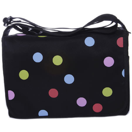 Jill.e Camera Carryall/ Messenger Bag with Adjustable Strap - Black with Multi-Colored Polka-Dots image