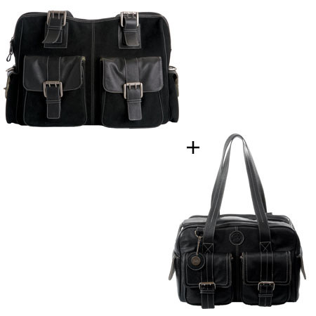 Jill.e Combo Weatherproof Large Black Rolling Camera Bag, (Leather &amp; Black Suede) and Weatherproof Medium Black Leather Camera Bag (Cream Piping Trim Exterior) image