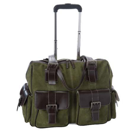 Jill.e Weatherproof Large Rolling Camera Notebook &amp; Accessory Bag, Moss Green Suede with Brown Leather Trim image