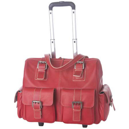 Jill.e Weatherproof Large Black Rolling Camera Bag, Red Leather &amp; Red Suede Combination Exterior, Velcro Divider Interior. image