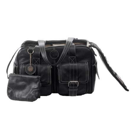 Jill.e Weatherproof Medium Black Leather Camera Bag with Cream Piping Trim Exterior, Velcro Divider Interior. image