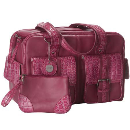 Jill.e Weatherproof Medium Pink Leather Camera Bag with Accented Crock Pattern Trim Exterior, Velcro Divider Interior. image