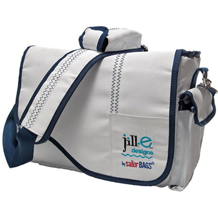 Jill.e Weather Resistant Sailcloth Messenger Style Electronics Bag, White with Navy Blue Accent image