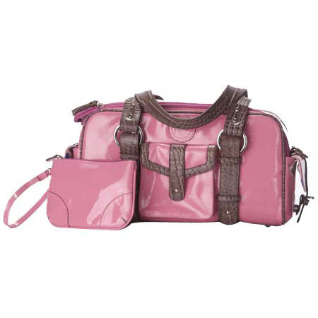 Jill.e Weatherproof Small Pink Patent Leather Camera Bag with Brown Leather Croc Trim Exterior, Velcro Divider Interior image