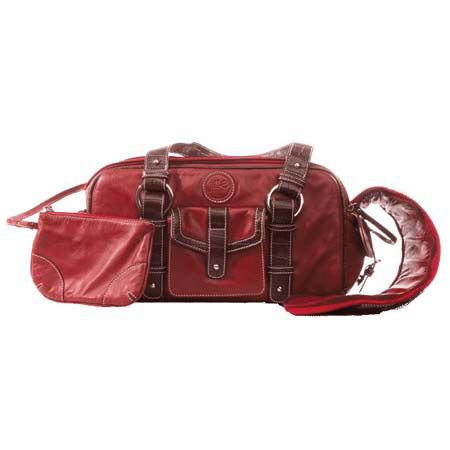 Jill.e Weatherproof Small Red Leather Camera Bag with Brown Leather Croc Trim Exterior, Velcro Divider Interior image