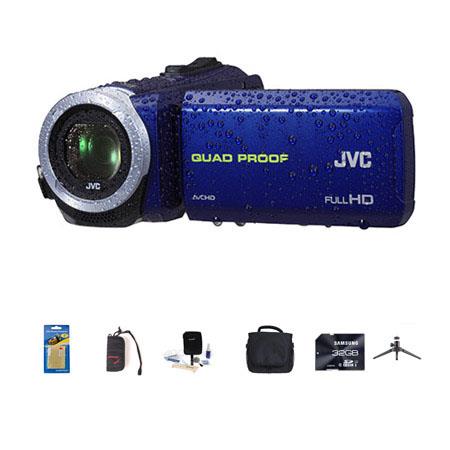 JVC Everio GZ-R10 Quad-Proof Full HD Camcorder Blue - Bundle With 32 GB Class 10 SDHC Card, Video Bag, Cleaning Kit, Memory Card holder, Table Top Tripod, Screen Protector