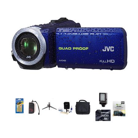 JVC Everio GZ-R10 Quad-Proof Full HD Camcorder Blue - Bundle With 64 GB Class 10 SDHC Card, Video Bag, New Leaf 3 Year (Drops & Spills) Warranty, Cleaning Kit, Memory Card holder, Table Top Tripod, Screen Protector, Video Light