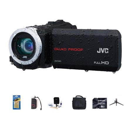JVC Everio GZ-R10 Quad-Proof Full HD Camcorder Black - Bundle With 32 GB Class 10 SDHC Card, Video Bag, Cleaning Kit, Memory Card holder, Table Top Tripod, Screen Protector
