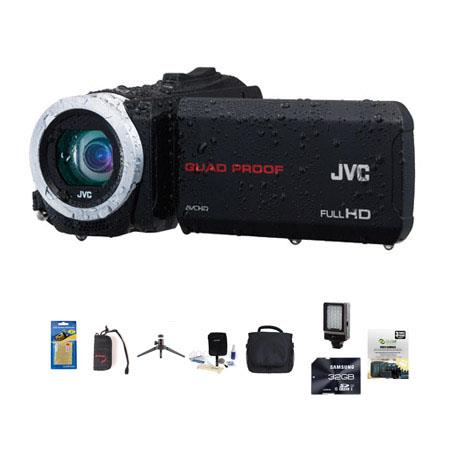 JVC Everio GZ-R10 Quad-Proof Full HD Camcorder Black - Bundle With 64 GB Class 10 SDHC Card, Video Bag, New Leaf 3 Year (Drops & Spills) Warranty, Cleaning Kit, Memory Card holder, Table Top Tripod, Screen Protector, Video Light