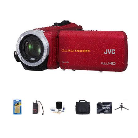 JVC Everio GZ-R10 Quad-Proof Full HD Camcorder Red - Bundle With 32 GB Class 10 SDHC Card, Video Bag, Cleaning Kit, Memory Card holder, Table Top Tripod, Screen Protector