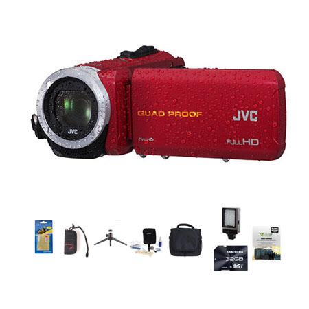 JVC Everio GZ-R10 Quad-Proof Full HD Camcorder Red - Bundle With 64 GB Class 10 SDHC Card, Video Bag, New Leaf 3 Year (Drops & Spills) Warranty, Cleaning Kit, Memory Card holder, Table Top Tripod, Screen Protector, Video Light