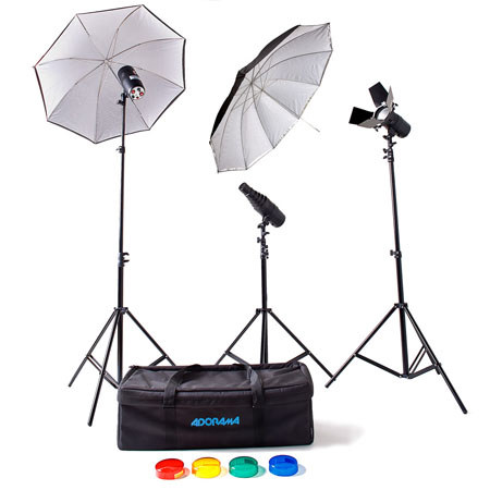 Adorama Budget Studio Monolight Flash Kit #4, with 3 100 watt Second Budget Flashes, Light Stands, 2 Umbrellas, Barndoor, Snoot, and Softex Carry Case. image