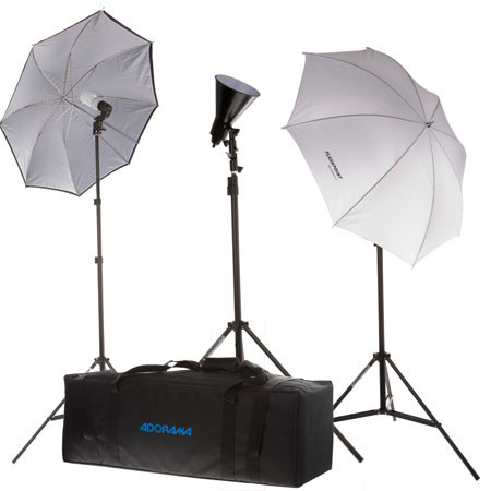 Adorama 3 Light Fluorescent Outfit with Stands, Umbrellas, Bulbs, 5.5" Reflector and Deluxe Case. image