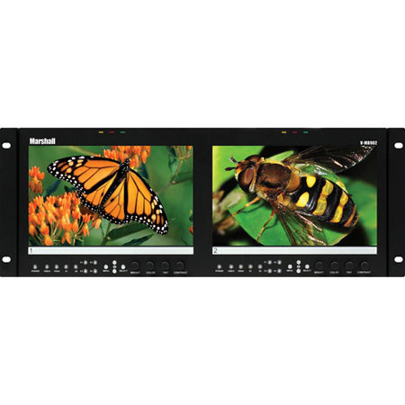 Marshall V-MD902 Dual 9" High Resolution LCD Rack Mount Monitor, 350 cd/m2 Brightness, 1000:1 Contrast Ratio, 1280x768 Resolution
