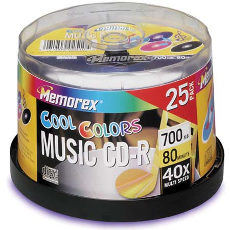 Memorex Music Disk, Cool Color Music CD-R, 80 min. (40x) Branded, 25 Pack with Spindle