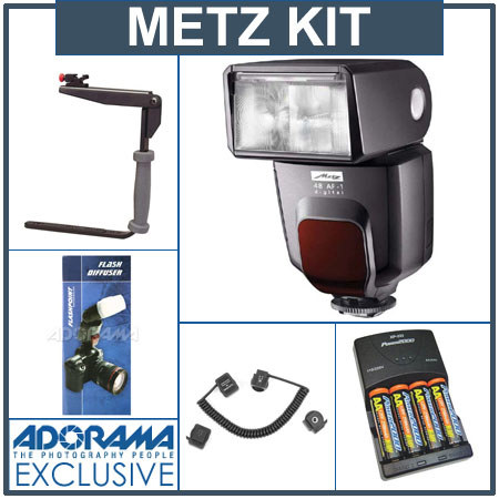 Metz 48 AF-1 Shoe Mount Flash for Nikon i-TTL Compact Digital Cameras - Deluxe Outfit - with 4 NiMH Batteries, Charger, Flashpoint Flash Diffuser, Flashpoint Quick Flip Flash Bracket, &amp; Off-Camera iTTL 3' Coiled Cord image