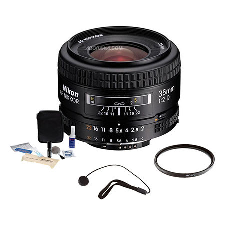 Nikon 35mm f/2D AF Nikkor Lens - Grey Market - Accessory Bundle with Tiffen 52mm UV Glass Filter, Lens Cap Leash, Digital Camera and Lens Cleaning Kit