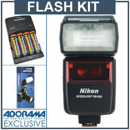 Nikon SB-600 Speedlight USA Warranty - Basic Outfit - with 4 NiMH Batteries, Charger, Flashpoint Flash Diffuser image
