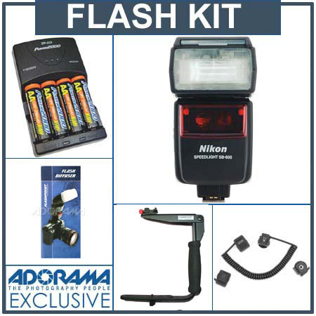 Nikon SB-600 TTL AF Shoe Mount Speedlight USA Warranty, - Deluxe Outfit with 4 NiMH Batteries, Charger, Flashpoint Flash Diffuser Stroboframe Quick Flip 350 Flash Bracket,&amp; Off-Camera TTL2 3' Coiled Cord for Nikon image
