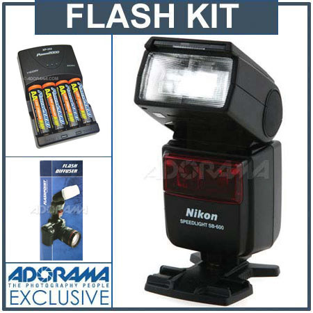 NIKON SB-600 TTL AF Shoe Mount Speedlight - Refurbished By Nikon U.S.A.- Basic Outfit with 4 NiMH Batteries, Charger, Flashpoint Flash Diffuser image