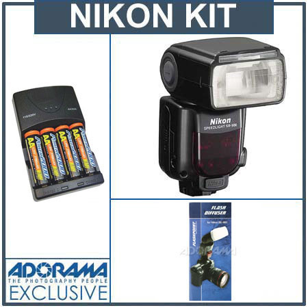 Nikon SB-900 Speedlight USA Warranty - Basic Outfit - with 4 NiMH Batteries, Charger, Flashpoint Flash Diffuser image