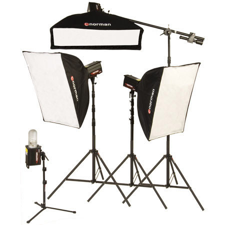 Norman ML-KIT2000R 4 Light Studio 3 Softbox Kit with 2 ML600R & 2 ML400R Monolights, 3 Softboxes with Rings, Boom Arm, Light Stands, & BG Light Reflecor
