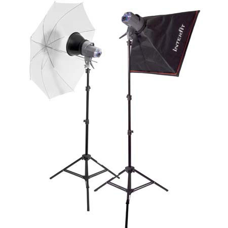 Interfit Photographic EX150 MKII Kit with Two 150 watt Second Monolight Flashes, with Umbrella, Softbox, Bulbs and Stands image