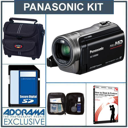 Panasonic HC-V500 HD Camcorder, Black - Bundle - with 16GB SD Memory Card, Camcorder Case, Digital Lens Cleaning Kit,Replacement Spare Battery ,Adorama USB 2.0 