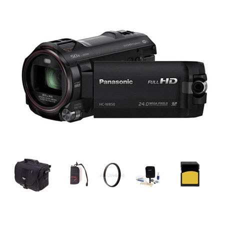 Panasonic HC-W850 Twin Camera 1080p Full HD Camcorder, 6.03MP, 20x Optical - Bundle With Slinger Photo Video Bag, 16GB Class 10 SDHC Card, Cleaning Kit, Memory Wallet, 49MM UV Filter