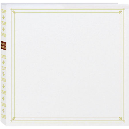 Pioneer Full Size Post Bound, Clear Pocket Photo Album with Memo Area, holds 300 4" x 6" Photos 3 Up, Solid Color Cover with Gold Trim, White. image