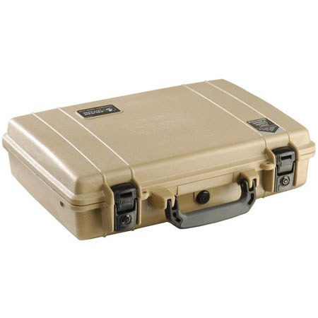 Pelican Large 15" Notebook Computer Deluxe Watertight Hard Case with Lid Organizer, Fitted Shock Absorbing Tray, and Removeable Shoulder Strap - Desert Tan