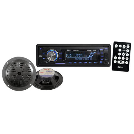 Pyle PLMRKT12BK In-Dash Marine AM/FM PLL Tuning Radio with USB/SD/MMC Reader, Speakers & Remote, Black