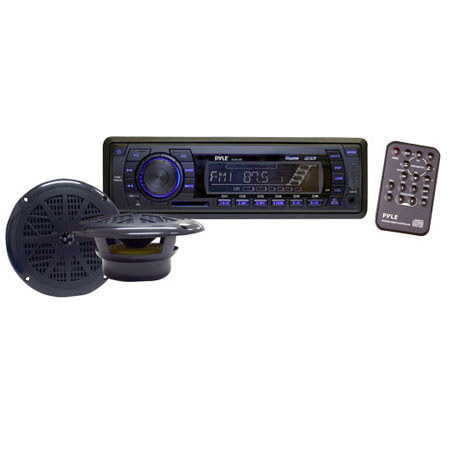 Pyle PLMRKT13BK In-Dash Marine AM/FM PLL Tuning Radio with USB/SD/MMC Reader, Speaker System, Black