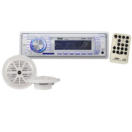 Pyle PLMRKT32WT In-Dash Marine AM/FM PLL Tuning Radio with USB/SD/MMC Reader, Speaker System, White