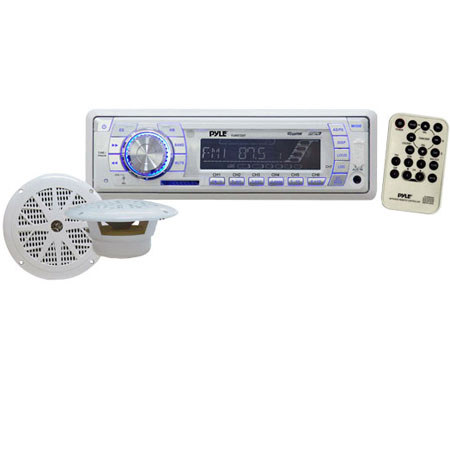 Pyle PLMRKT33WT In-Dash Marine AM/FM PLL Tuning Radio with USB/SD/MMC Reader, Speaker System, White