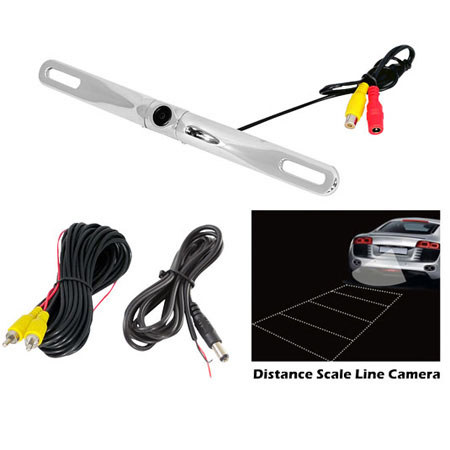 Pyle PLCM18SC License Plate Mount Rear View Backup Color Camera with Distance Scale Line, Zinc Metal Chrome