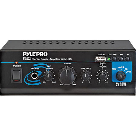 Pyle PTAU23 Mini 2x40W Stereo Power Amplifier with USB/AUX Inputs