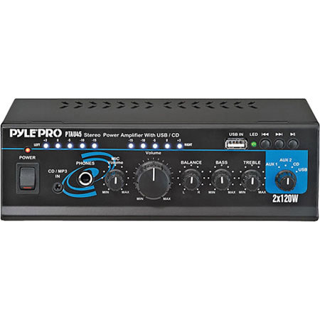 Pyle PTAU45 Mini 2x120W Stereo Power Amplifier with USB/CD/AUX Inputs